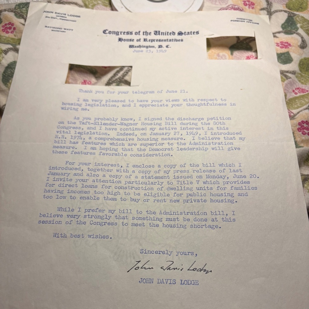 John Davis Lodge Autograph Signed Item | Congressman, Governor Connecticut 1949